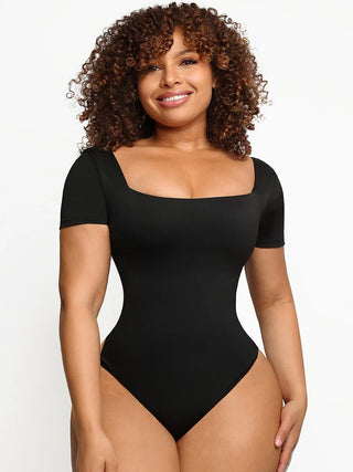 Square-Neck Short-Sleeve Tummy control Bodysuit